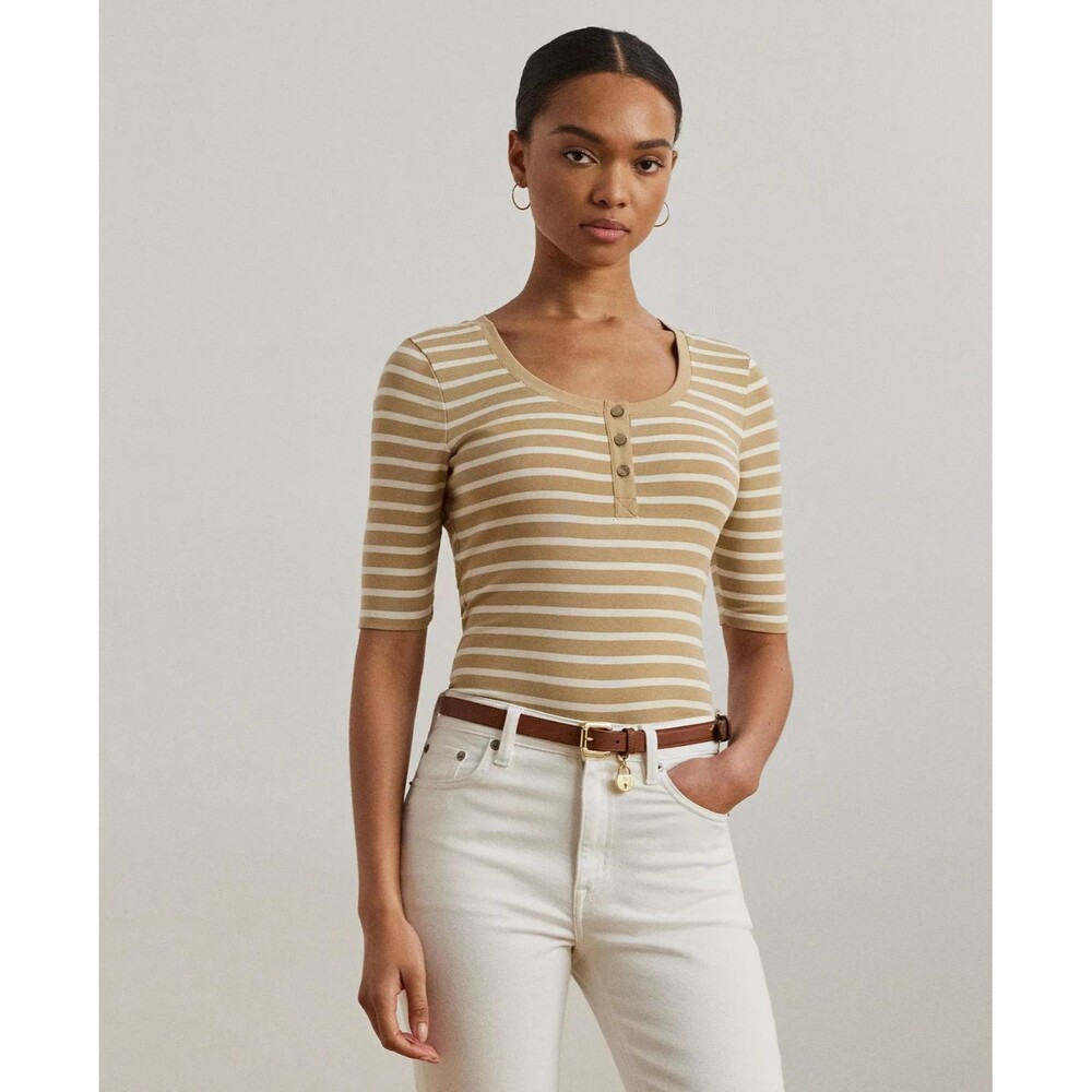 Lauren Ralph Lauren Women's Striped Elbow-Sleeve Henley Top White Cream XL